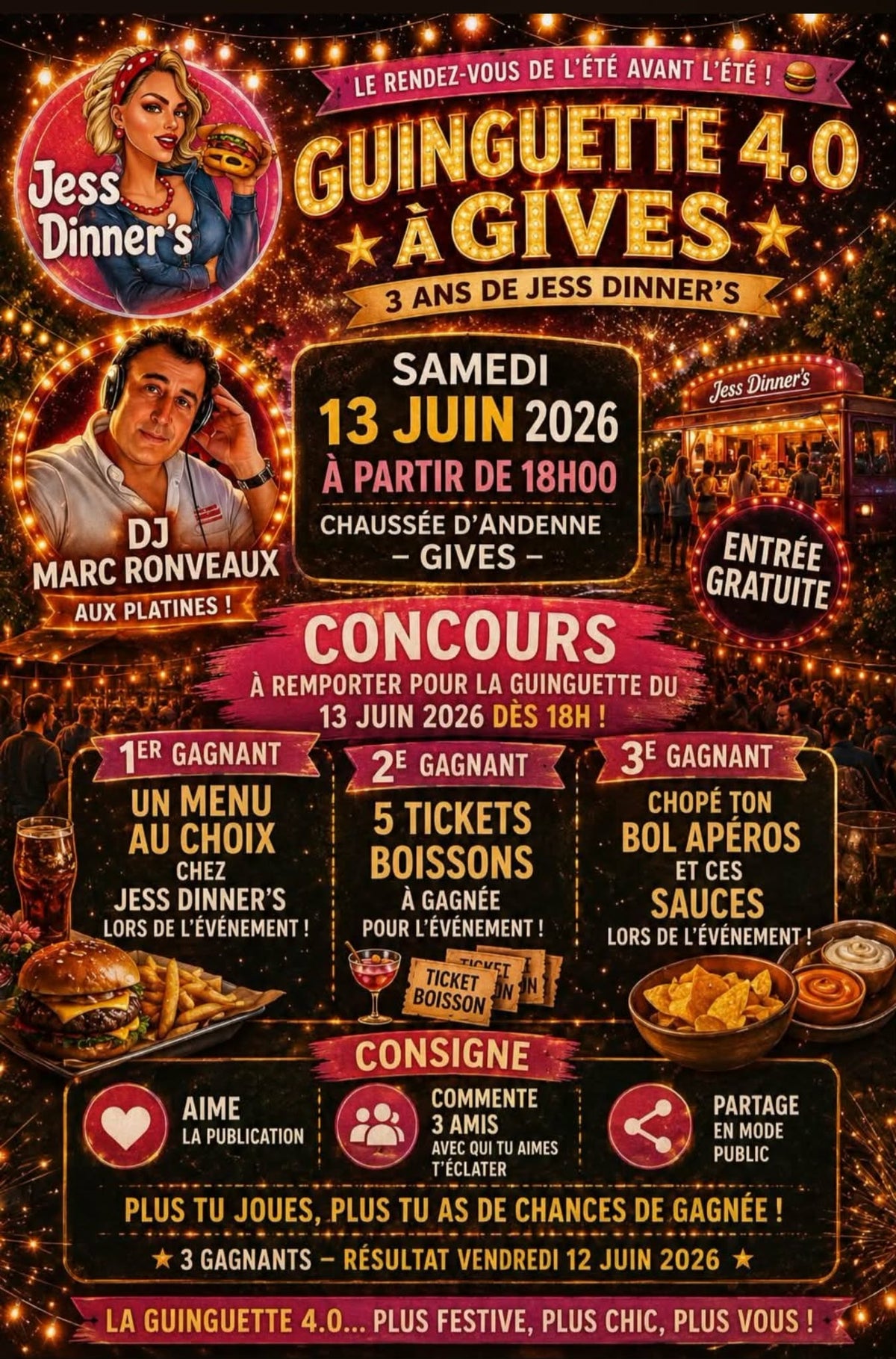 Affiche de la Guinguette 4.0 à Gives pour les 3 ans de Jess Dinner's