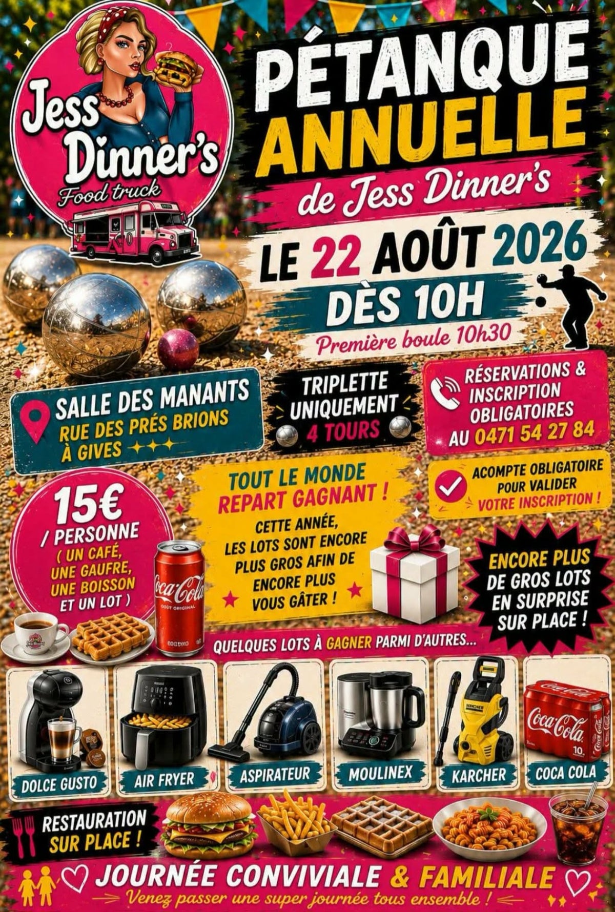 Affiche de la pétanque annuelle de Jess Dinner's du 22 août 2026