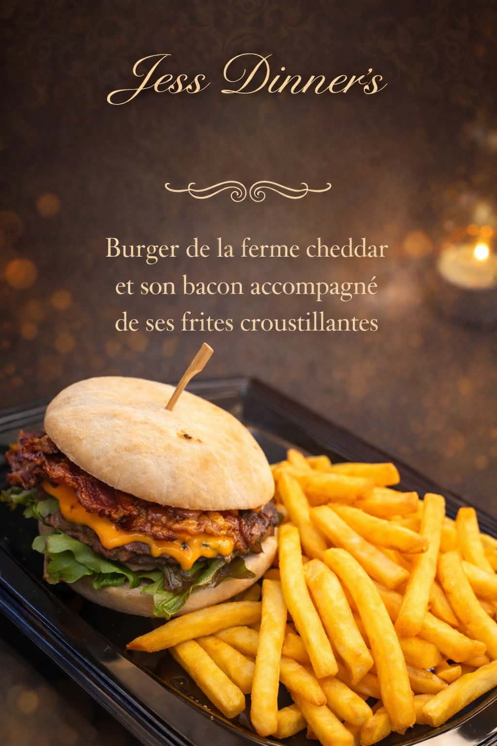 Burger de la ferme au cheddar et bacon avec frites croustillantes