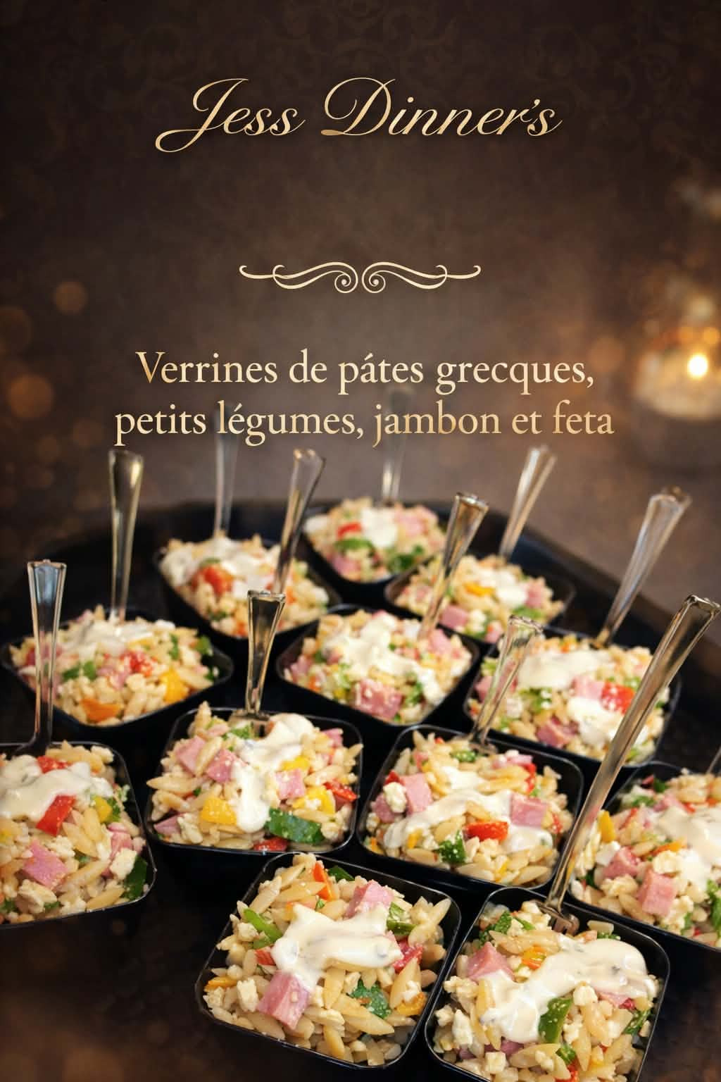 Verrines de pâtes grecques, petits légumes, jambon et feta